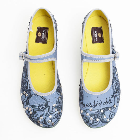 Baletas artesanales con ilustraciones de pulpos y taches. Macondas