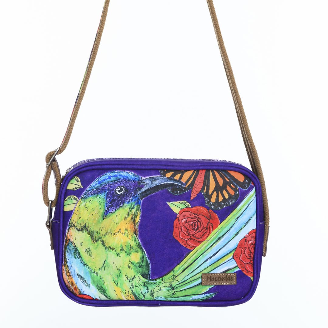 Bolso manos libres con ilustración de pájaro barranquero. macondas