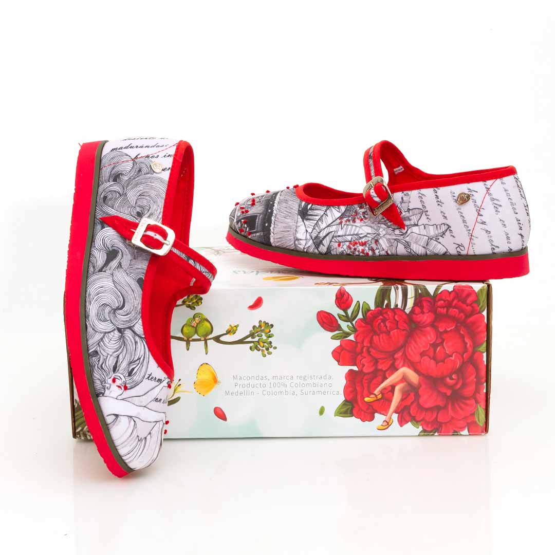 Zapatos de mujer hechos por artesanos, ilustrados con Remedios la bella. Macondas