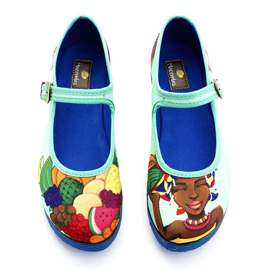 Zapatos de correíta con ilustración de palenquera. Macondas